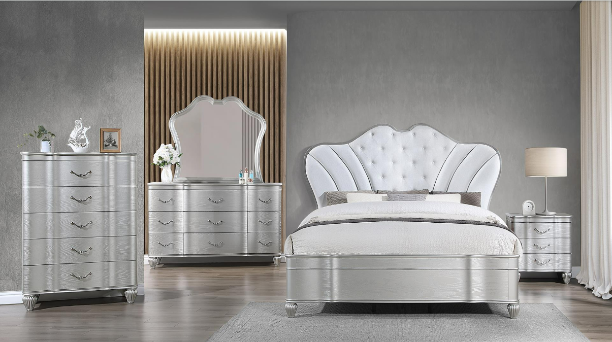 Including: Queen Bed, Dresser Mirror, Chest, and one Nightstand.